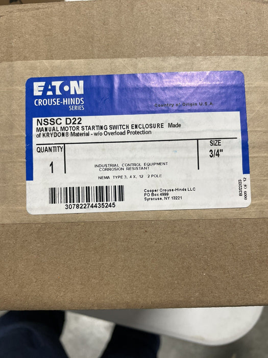 NSSC D22 BARU EATON CROUSE HINDS MANUAL MOTOR STARTER KRYDON FIBERGLASS ENC 3/4"