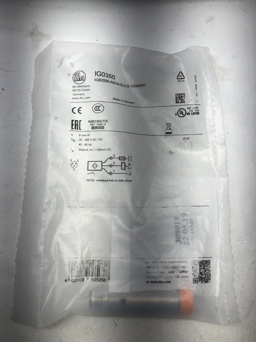 NUEVO SELLADO IFM IG0350 / IGB2008-ABOA/SL/LS-100AK/RT INDUCTIVO 8 mm 20-250 V CA/CC