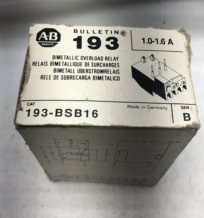RELÉ DE SOBRECARGA BIMETÁLICO ALLEN BRADLEY 193-BSB16, NUEVO, AJUSTABLE, 1,0-1,6 A, PIEZAS NEGRAS