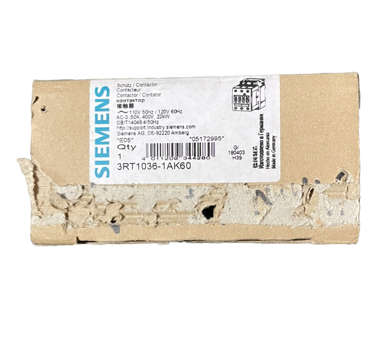 NUEVO CONTACTOR SIEMENS 3RT1036-1AK60 TRIFÁSICO 22KW NIB