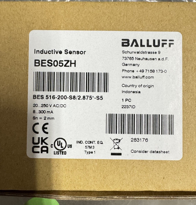 BALLUFF BARU BES05ZH / BES 516-200-S8 Sn=2mm 20-250V AC/DC BES516200S8 2.875"