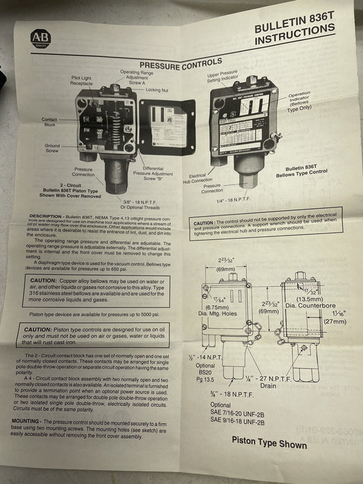 NUEVO 836T-T260JX40 SER B ALLEN BRADLEY 185680 836T INTERRUPTOR DE CONTROL DE PRESIÓN DE VACÍO
