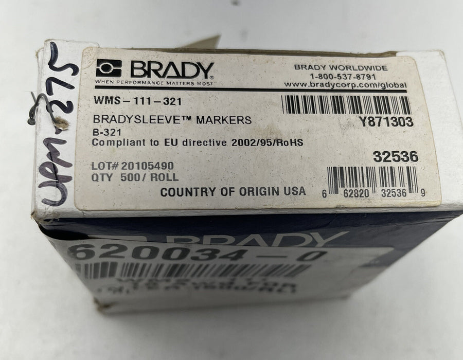 NUEVO MARCADOR DE CABLE DE FUNDA BRADY 32536 wms-111-321 ROLLO DE 500 CNT código de tamaño 111 Etiqueta