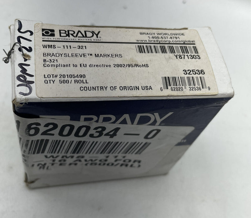NUEVO MARCADOR DE CABLE DE FUNDA BRADY 32536 wms-111-321 ROLLO DE 500 CNT código de tamaño 111 Etiqueta