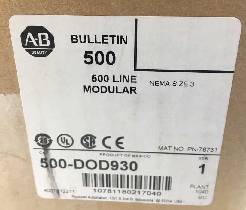 NUEVO ARRANCADOR/CONTACTOR DE MOTOR DOL MODULAR LÍNEA 500 500-DOD930 NEMA TAMAÑO 3 NIB