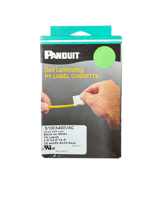 S100X400VAC NEW PANDUIT P1 LABEL CASSETTE 1" X 4.0" X 1" BLACK ON WHITE SELF LAM