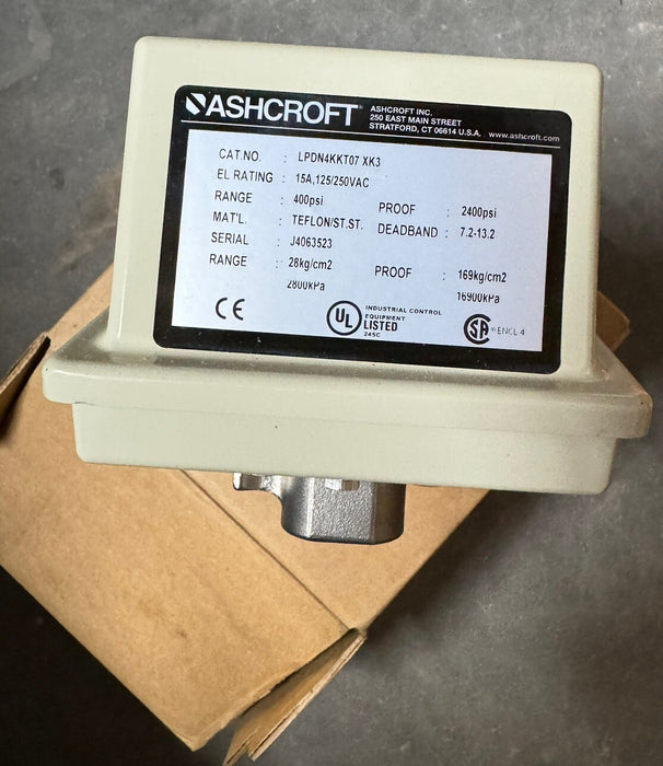 NUEVO INTERRUPTOR DE PRESIÓN ASHCROFT LPDN4KKT07 XK3, RANGO 400 PSI, 15 AMP, 125/250 VCA