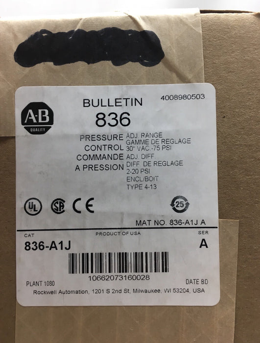 NUEVO INTERRUPTOR DE CONTROL DE PRESIÓN ALLEN-BRADLEY 836-A1J SELLADO DE FÁBRICA 836A1J