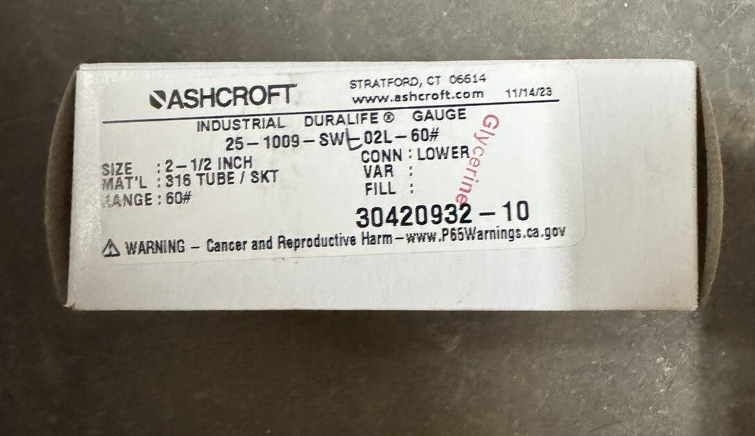 ASHCROFT 25 1009SWL02L60# 251009SWL02L60 (NUEVO EN CAJA) MANÓMETRO DE 60 PSI DURALIFE