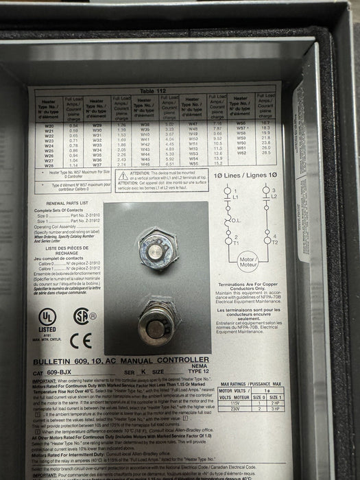 NEW  609-BJX SEALED ALLEN-BRADLEY 1 PHASE AC MANUAL STARTER NEMA TYPE 12