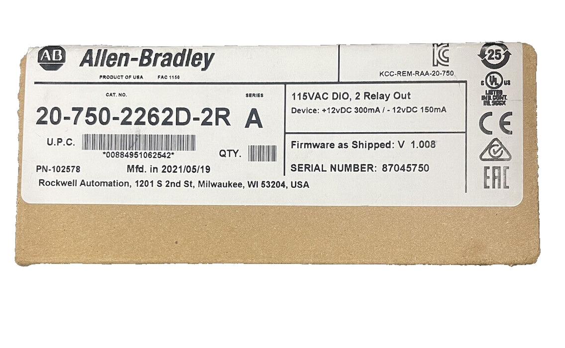 NUEVO 2021 20-750-2262D-2R ALLEN BRADLEY POWERFLEX 750 OPCIÓN DE E/S 115 V PN-188964