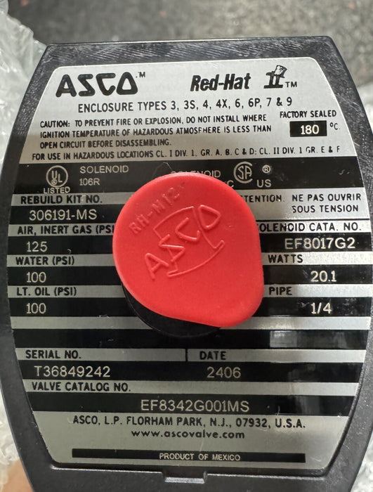 EF8342G001MS NUEVA VÁLVULA ASCO REDHAT DE 120 V, 1/4", 4 VÍAS, 2 SOLENOIDES CON OPERADOR MANUAL