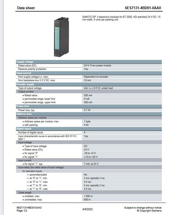 CAJA DE 5 NUEVO 2018 6ES7 131-4BD01-0AA0 SIEMENS SIMATIC ET 200S DIGITAL EN SELLADO