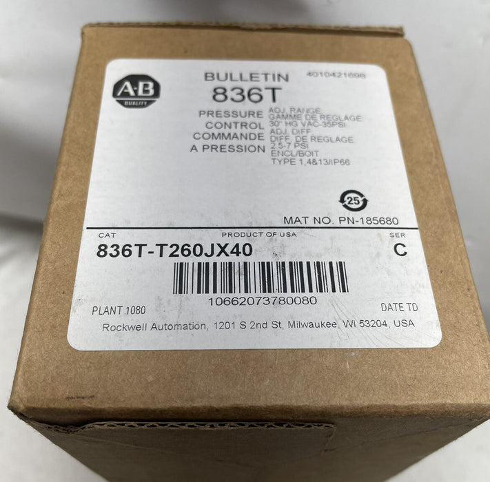 NUEVO ALLEN BRADLEY 836T-T260JX40 836T INTERRUPTOR DE CONTROL DE PRESIÓN DE VACÍO 185680