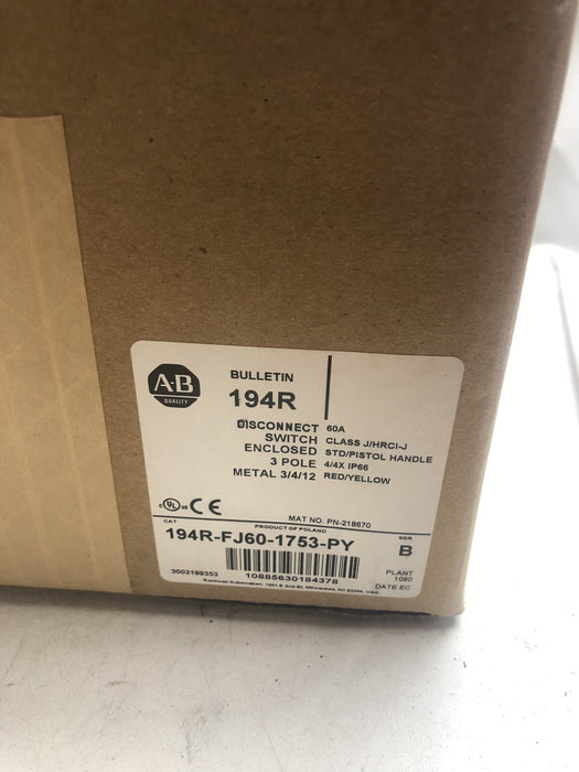 NEW ALLEN BRADLEY 194R DISCONNECT SWITCH 194R-FJ60-1753-PY 60A 3 POLE PN-218670