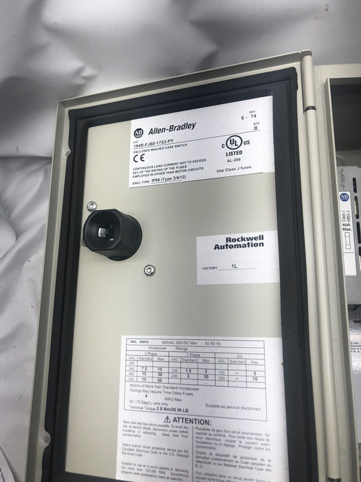 NEW ALLEN BRADLEY 194R DISCONNECT SWITCH 194R-FJ60-1753-PY 60A 3 POLE PN-218670