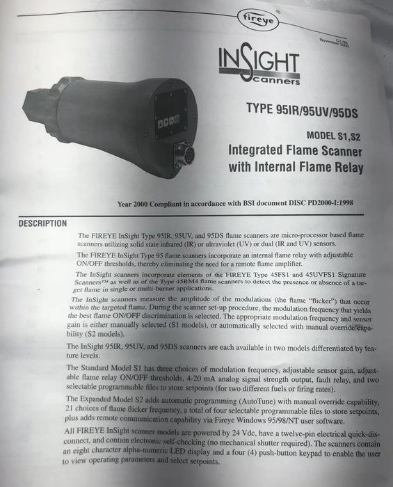 FIREYE BARU 95UVS1-1 / FG99900A PENGIMBAS NYALA UV BERSEPADU 24 VDC INSIGHT 95UV