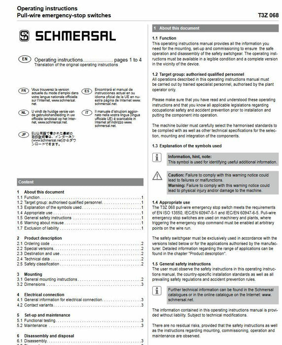 NUEVO SELLADO SCHMERSAL T3Z068-22YR / 101087881 PARADA DE EMERGENCIA T3Z 068-22YR