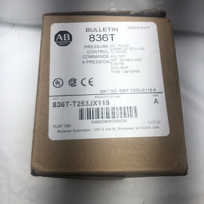 NUEVO 836T 2017 ALLEN BRADLEY 836T-T253JX119 BOLETÍN INTERRUPTOR DE CONTROL DE PRESIÓN NIB