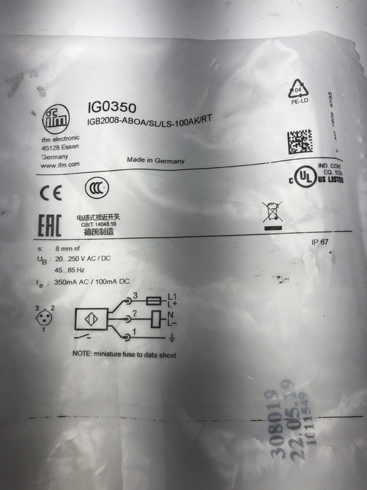 NUEVO SELLADO IFM IG0350 / IGB2008-ABOA/SL/LS-100AK/RT INDUCTIVO 8 mm 20-250 V CA/CC