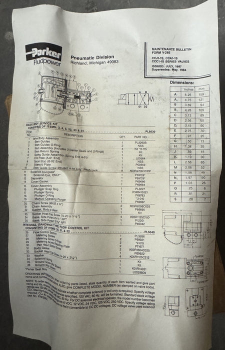 CCJ125B01 VÁLVULA SOLENOIDE DE FUELLE PARKER SCHRADER 1/4" NPT 120 V CA VAC-150 NEUMÁTICA