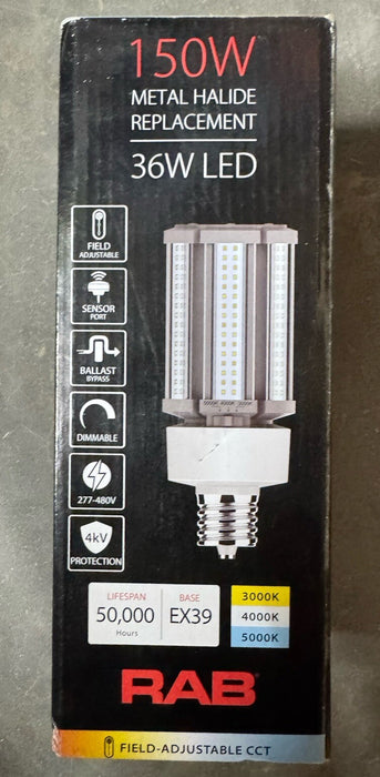 RAB CORN COBB LED BALLAST BYPASS LAMP 36W REPLACES 150W HALIDE/SODIUM 277-480V