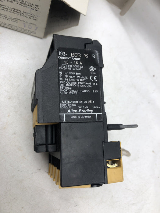 RELÉ DE SOBRECARGA BIMETÁLICO ALLEN BRADLEY 193-BSB16, NUEVO, AJUSTABLE, 1,0-1,6 A, PIEZAS NEGRAS