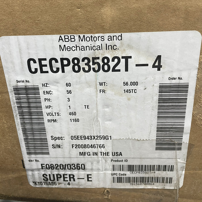 CECP83582T-4 MOTOR ABB BALDOR SUPER-E 1HP 3PH 145TC 460 VCA C-FACE 841XL