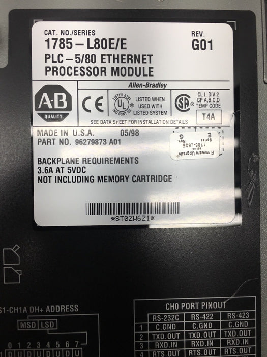 Módulo de CPU Allen Bradley 1785-L80E/E 1785L80E Serie E REV G01 PLC Ethernet