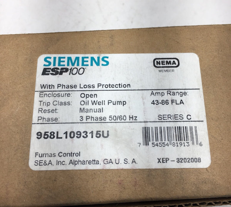 BARU SIEMENS ESP 1000 FURNAS CONTROL 958L10935U SOID STATE OVERLOAD 43-86 AMPS