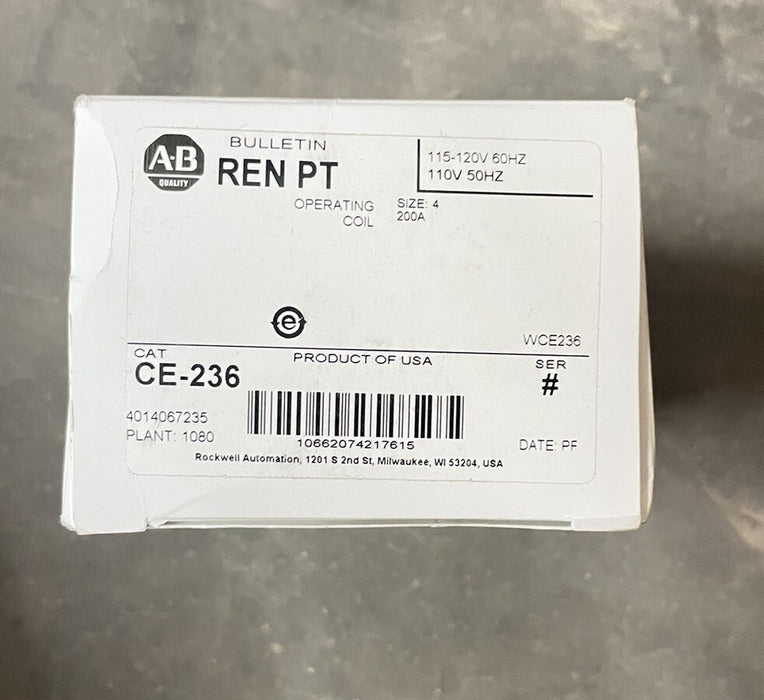 NUEVA BOBINA DE OPERACIÓN ALLEN BRADLEY CE236 NEMA TAMAÑO 4 PARA ARRANQUE DE MOTOR DE 120 V CA