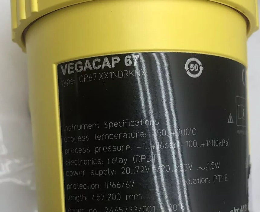 VEGACAP 67 SENSOR DE NIVEL DE SÓLIDOS A GRANEL CAPACITIVO RELÉ DPDT 18 PULGADAS O 457,2 mm