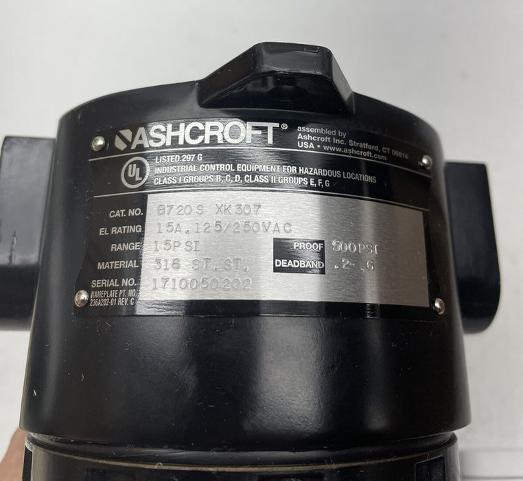 NUEVO INTERRUPTOR DE PRESIÓN ASHCROFT B720S XK307 B720SXK307 RANGO 15 PSI 15 A 36 SST