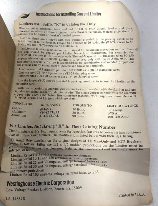 NEW WESTINGHOUSE EL3050R CURRENT LIMITER 50 AMP MCP BREAKERS STYLE NO 2607D43G11