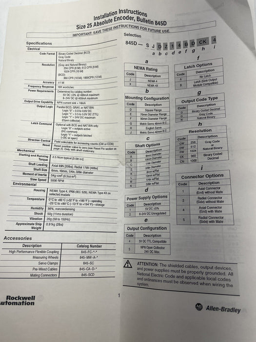 NEW allen bradley 845-DSJDZ25AGCW5 INCLUDES CONNECTOR KIT ENCODER SIZE 25 8-12