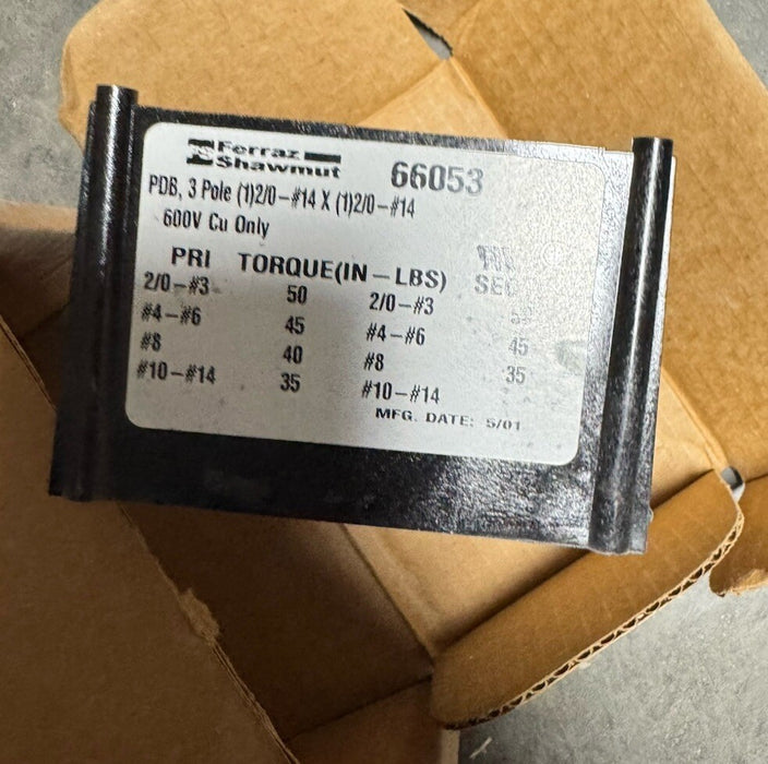 NEW FERRAZ SHAWMUT 66053 INTERMEDIATE PDB POWER DISTRIBUTION BLOCK  600V