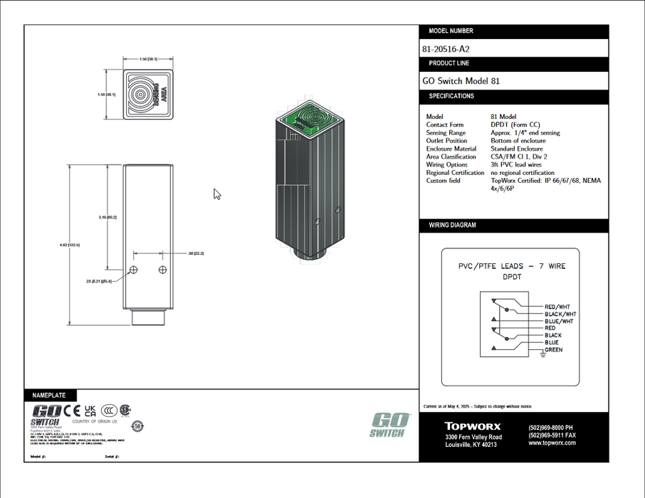 NEW GO SWITCH 81-20516-A2 600VAC TOPWORX Magnetic Proximity Switch 8120516