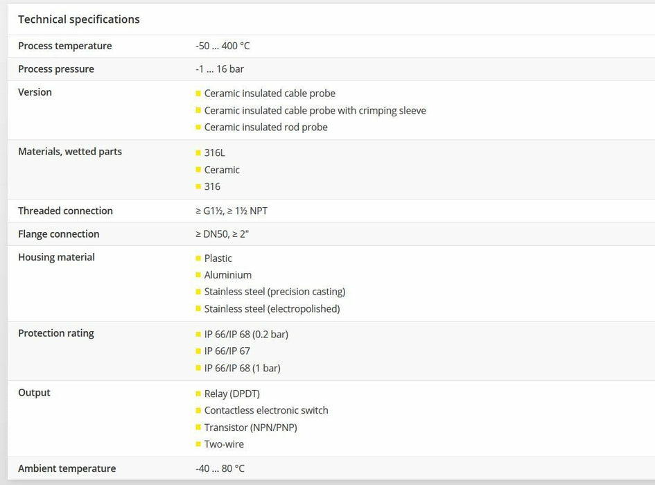 VEGACAP 67 CAPACITIVE BULK SOLID LEVEL SENSOR DPDT RELAY 18 INCH OR 457.2 mm