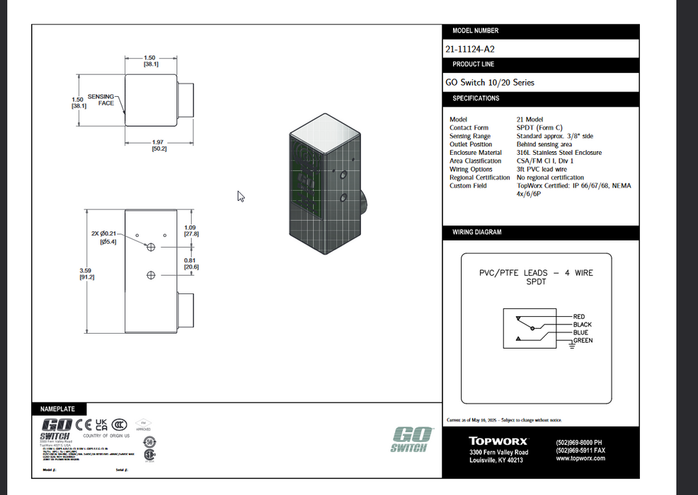 NEW GO SWITCH 21-11124-A2 600VAC TOPWORX Magnetic Proximity Switch 2111124A2