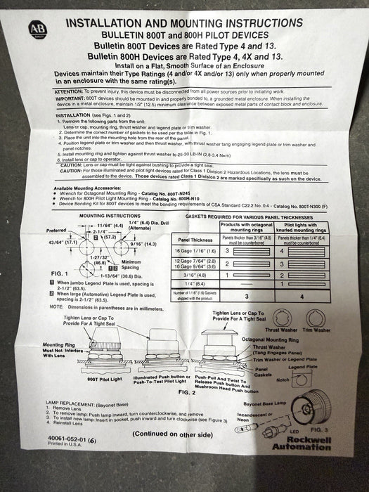 Allen Bradley Illuminated Push Button 800T-FXNQ10XA 800TFXNQ10XA NEW