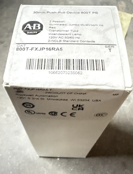 Allen Bradley 800T-FXJP16RA5 2 POSITION PUSH PULL JUMBO MUSHROOM ILLUMINATED 120
