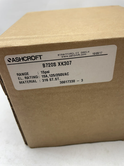 NEW ASHCROFT B720S XK307 PRESSURE SWITCH B720SXK307 RANGE 15PSI 15A  36 SST