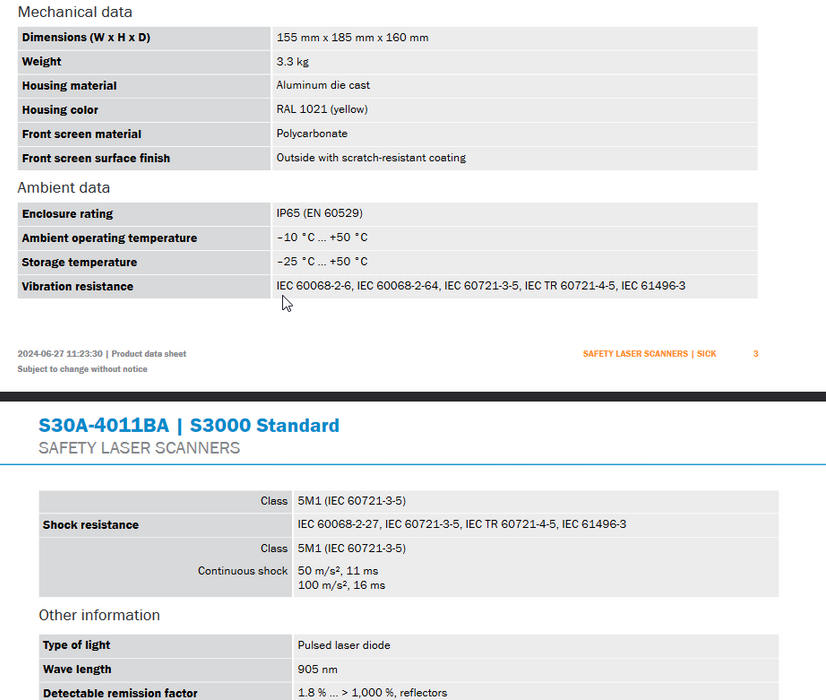 2021 Model S30A-4011 SICK part # 1028934 Safety Laser Scanner S3000