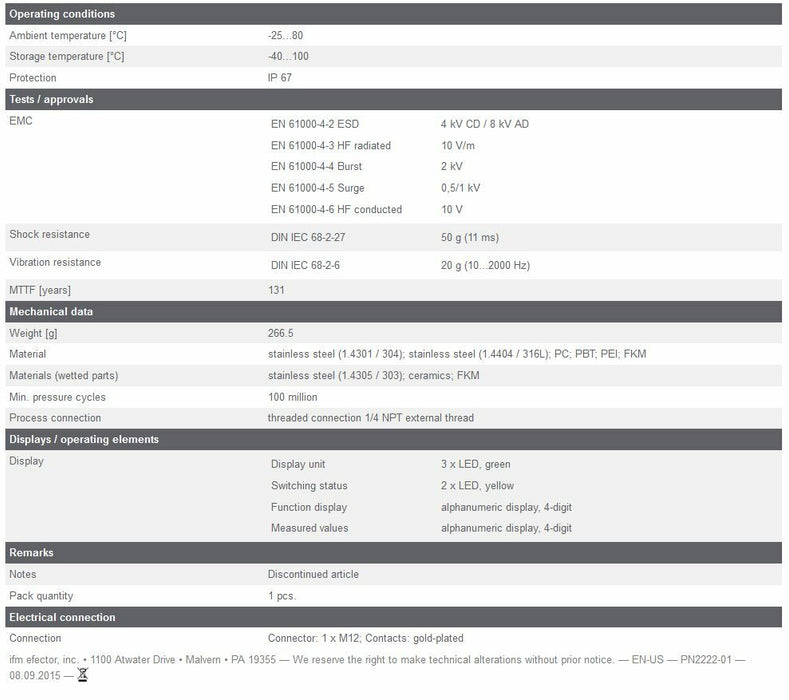NEW IFM EFECTOR500 PRESSURE SENSOR PN2222 PN-100-SBN14-MFRKG/US NIB