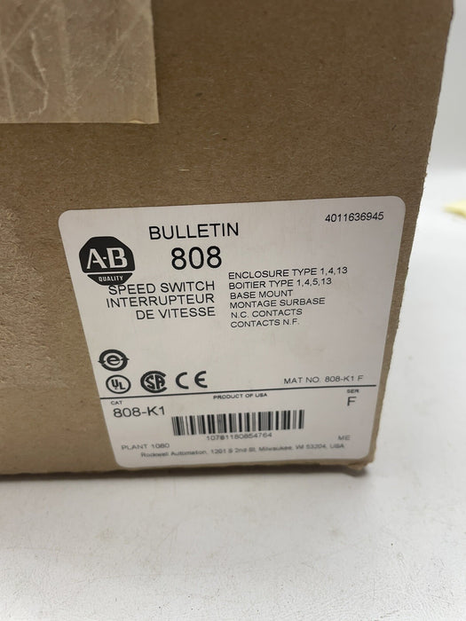 808-K1 NEW SEALED ALLEN BRADLEY 808-K1 SER F Speed Switch N.C Bulletin 808