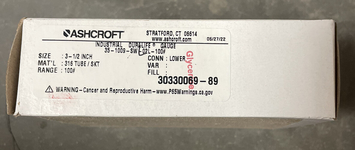 NEW ASHCROFT DURALIFE 35-1009-swL-02l-100# 100 PSI GLYCERINE FILL 3 1/2" 316
