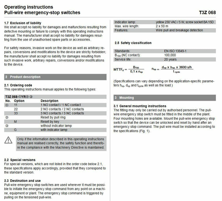 NEW SEALED SCHMERSAL T3Z068-22YR / 101087881 PULL EMERGENCY STOP T3Z 068-22YR