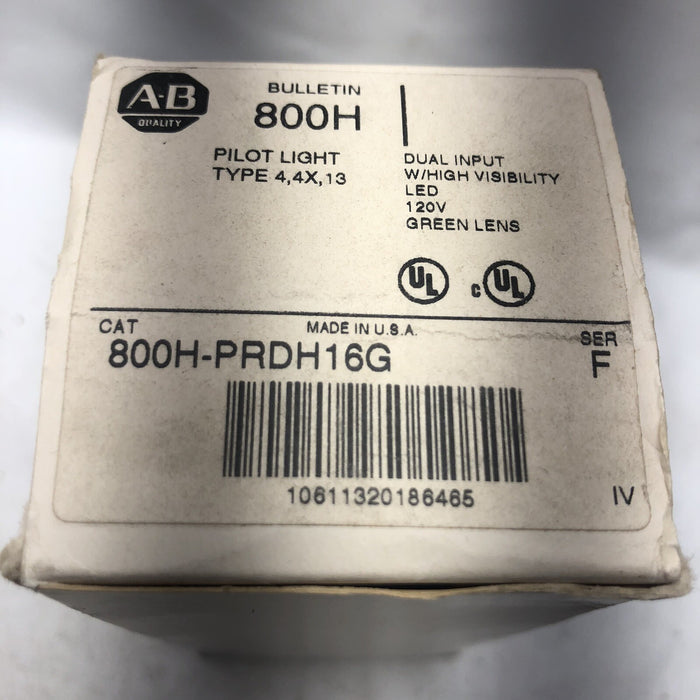 NEW ALLEN BRADLEY 800H-PRDH16G DUAL INPUT HIGH VISIBILITY GREEN PILOT LIGHT 120V