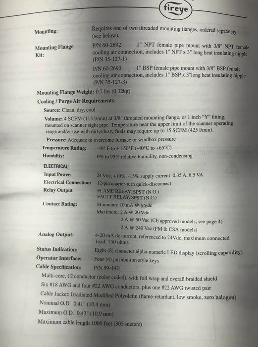 NEW FIREYE 95UVS1-1 / FG99900A INTEGRATED UV FLAME SCANNER 24 VDC INSIGHT 95UV