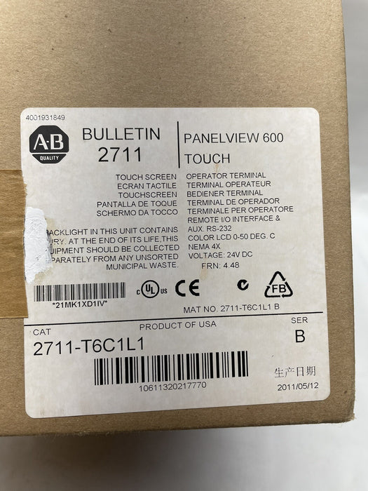 2711-T6C1L1 NEW ALLEN BRADLEY 4.48 PanelView 600 HMI RIO REMOTE I/O PV600 2711-T